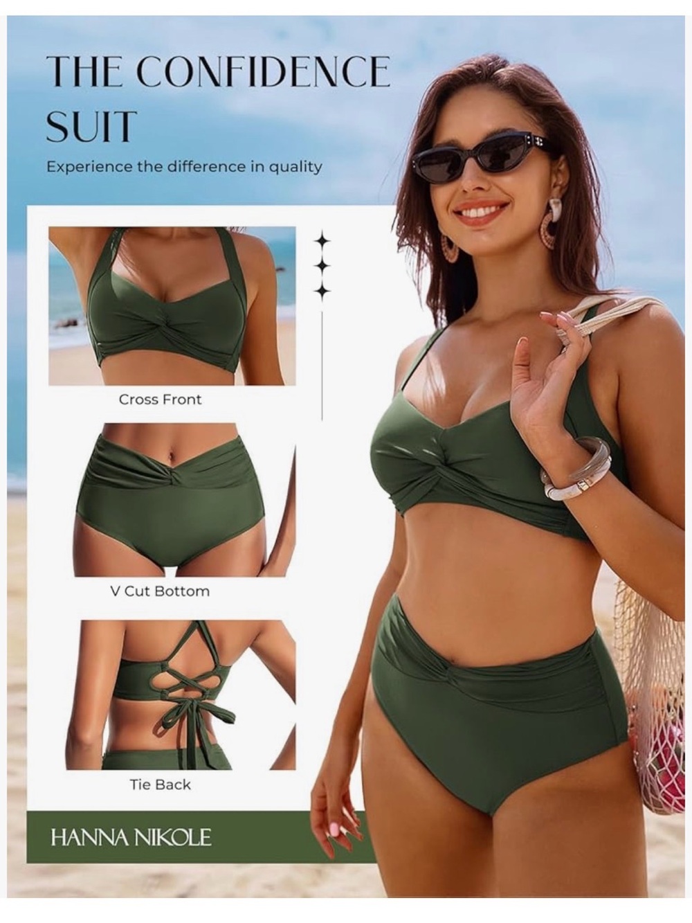 Olive Green Twist-Front High Waist Bikini - Women's Swim - Picture 4 of 14